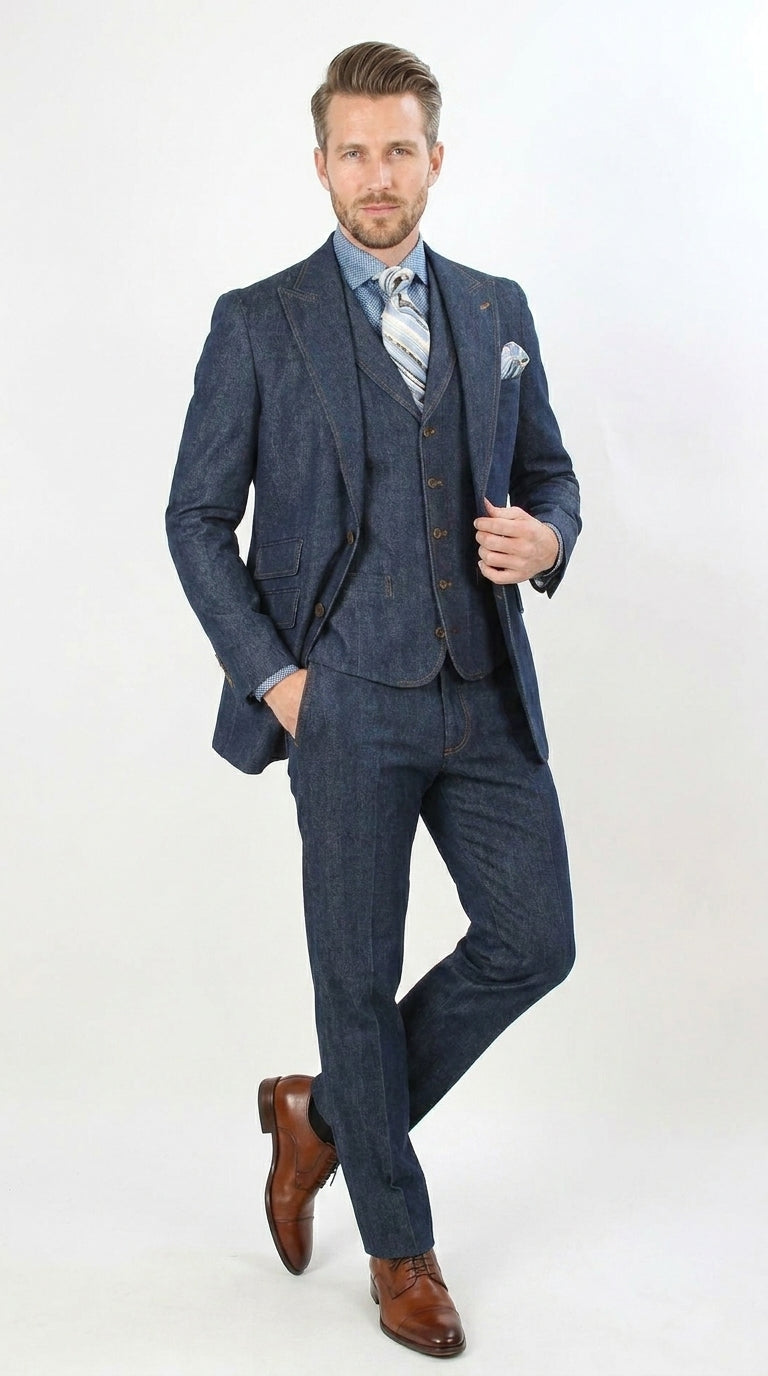 Men’s Pleated Pants Dark Blue Denim 3 Piece Suit – 100% Cotton Formal Suit Set, Blazer Vest Pants Outfit Classic Fit Athletic Fit Lose Fit - 34 Short or Extra Small