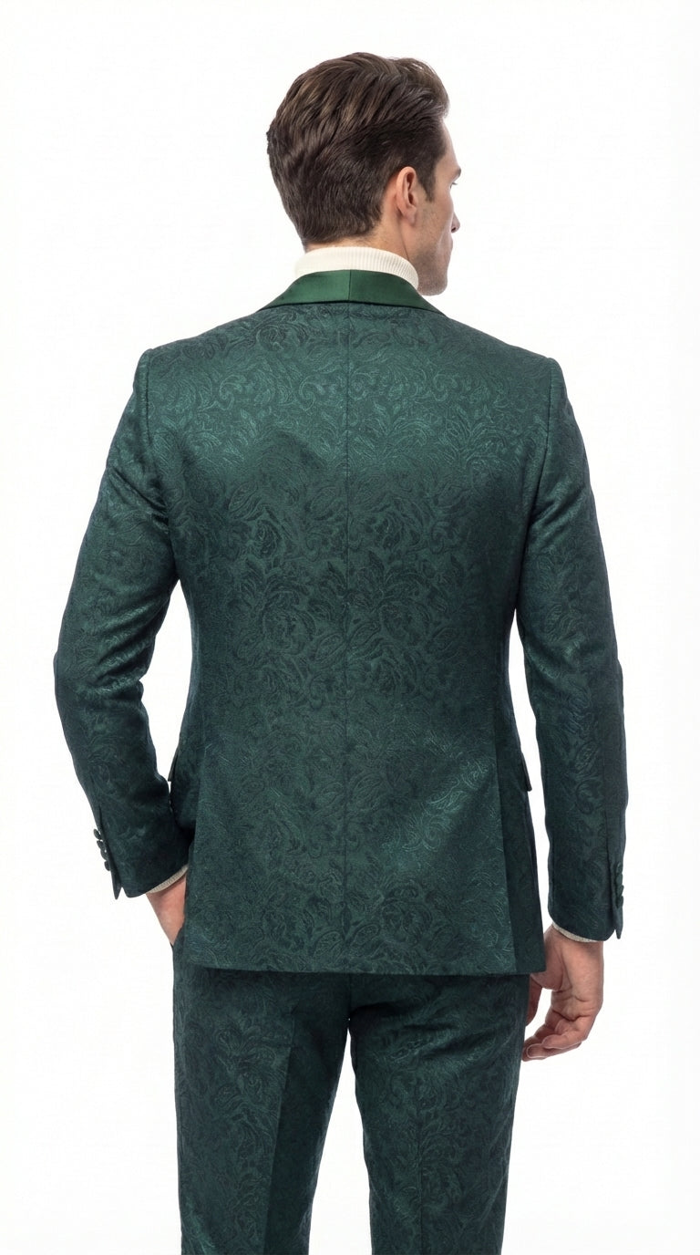 Mens Hunter Green Wedding Tuxedo Suit – Paisley Pattern Three Piece Formal Suit Set with Shawl Lapel for Groom, Prom in Emerald green - 34 Short or Extra Small