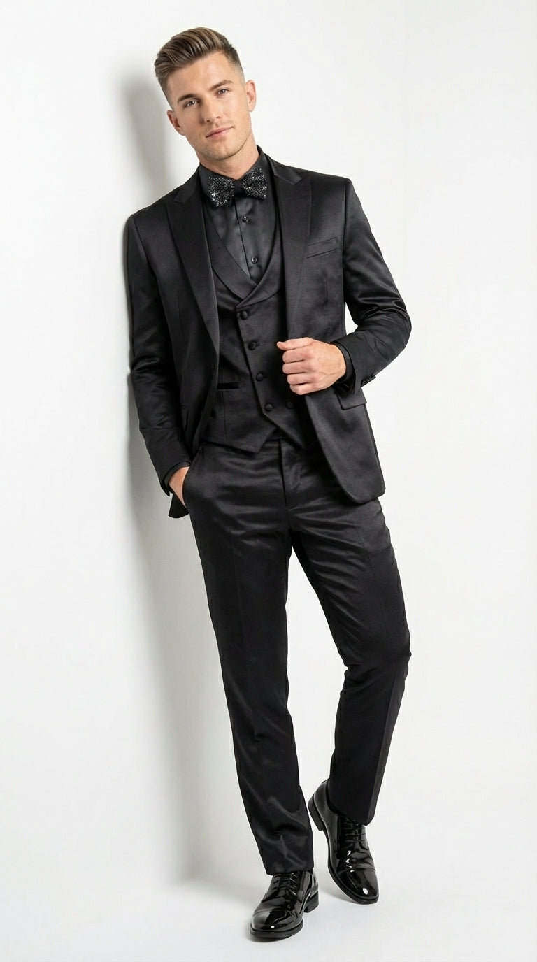 Men’s All Shiny Black Satin Suit – Black Satin Tuxedo Suit for Prom, Wedding, Formal Party and Evening Events Double breasted Vest - 34 Short or Extra Small