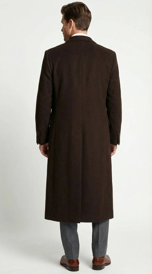 Mens Brown Long Overcoat Double Breasted Classic Formal Winter Coat for Business, Topcoat and Cold Weather Wear
