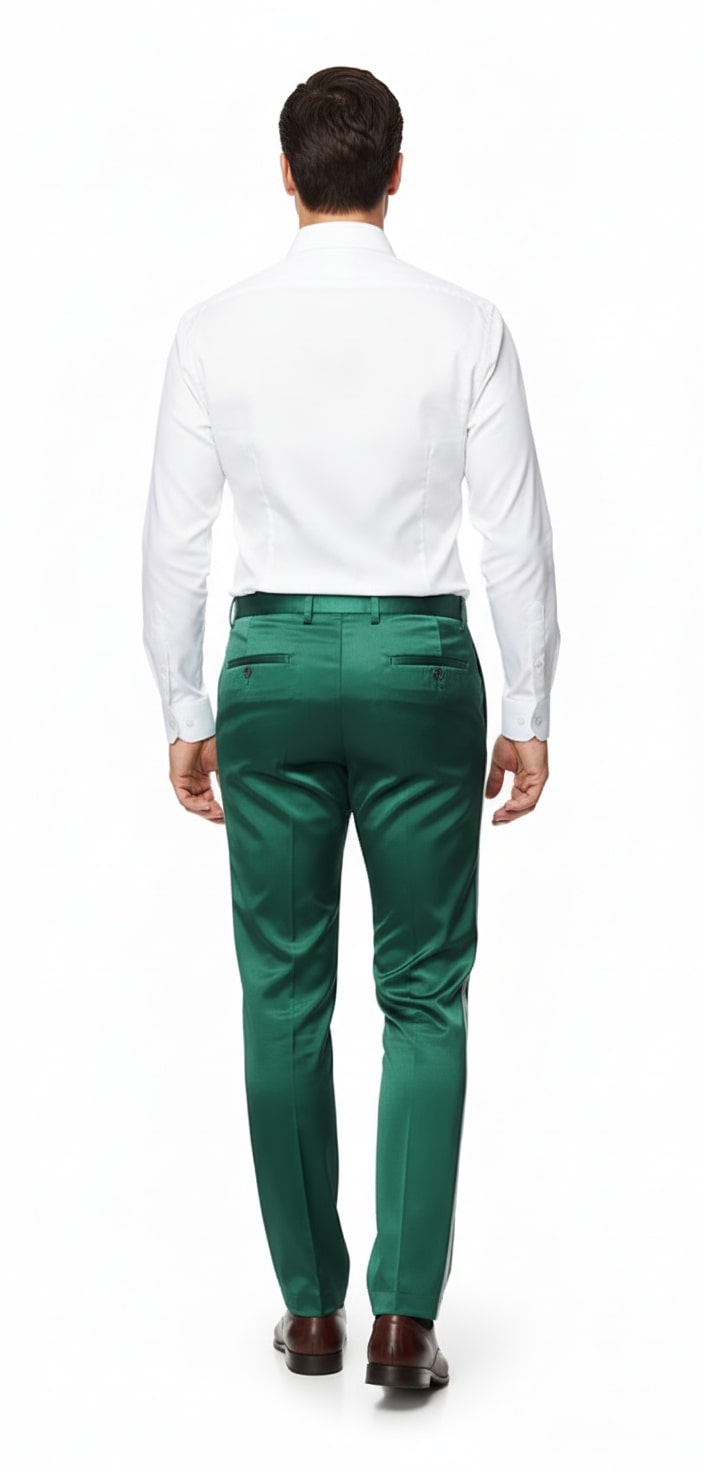 Mens Emerald Green Satin Slim Fit Dress Pants â€“ Shiny Formal Party and Wedding Trousers - dress size pants : 28 Unfinished bottom