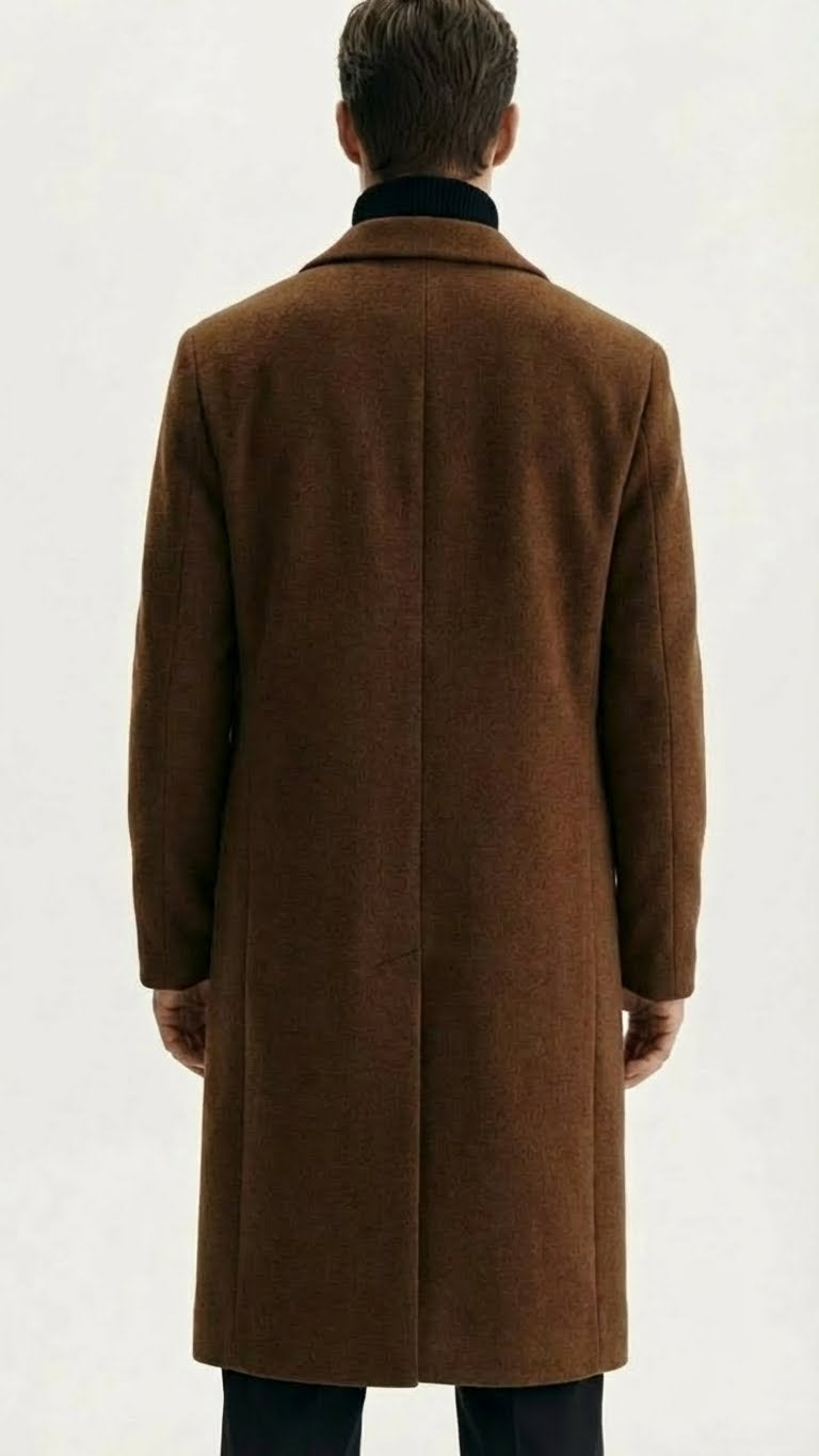 Men’s Brown Long Wool Overcoat – Topcoat Wool Carcoat Three Quarter - Coat Size 38