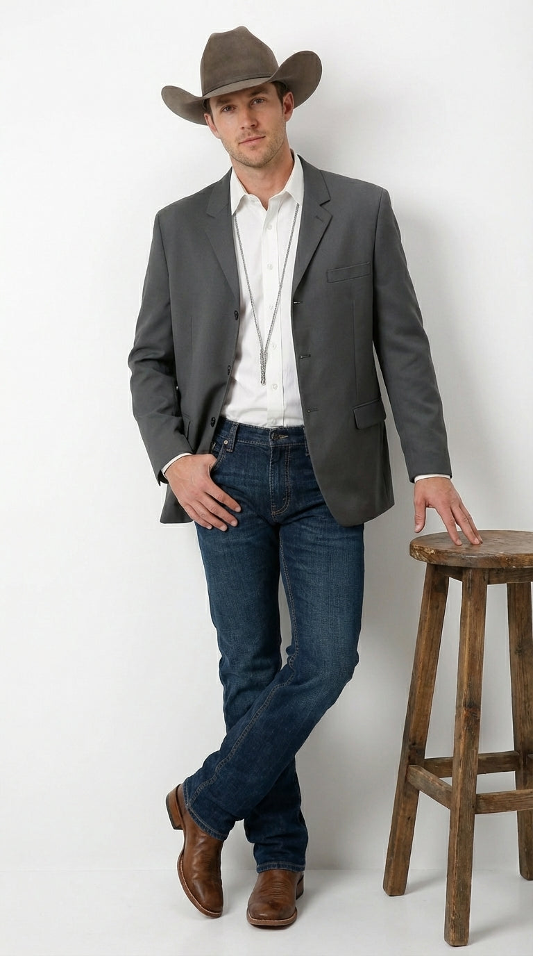 Mens Charcoal Grey Three Buttons Western Blazer – Classic Fit Cowboy Style Three Button Formal Dress Jacket - 34 Short