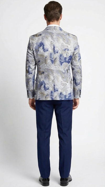 Mens Navy Blue and Gray Paisley Print Blazer Prom Jacket for Formal, Party, and Evening Wear