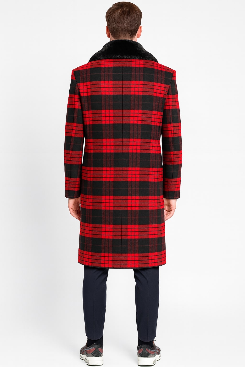 Mens Red and Black Plaid Wool Overcoat with Black Faux Fur Shawl Collar – Double-Breasted Winter Coat - Tartan Designs - Coat Size 38