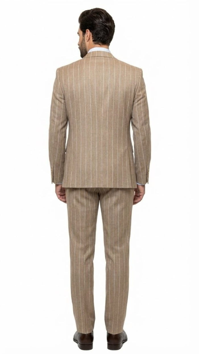Men's Beige Pinstripe Three-Piece Vested Suit Tailored Fit  Business Attire in Tan Stripe by Rossiman