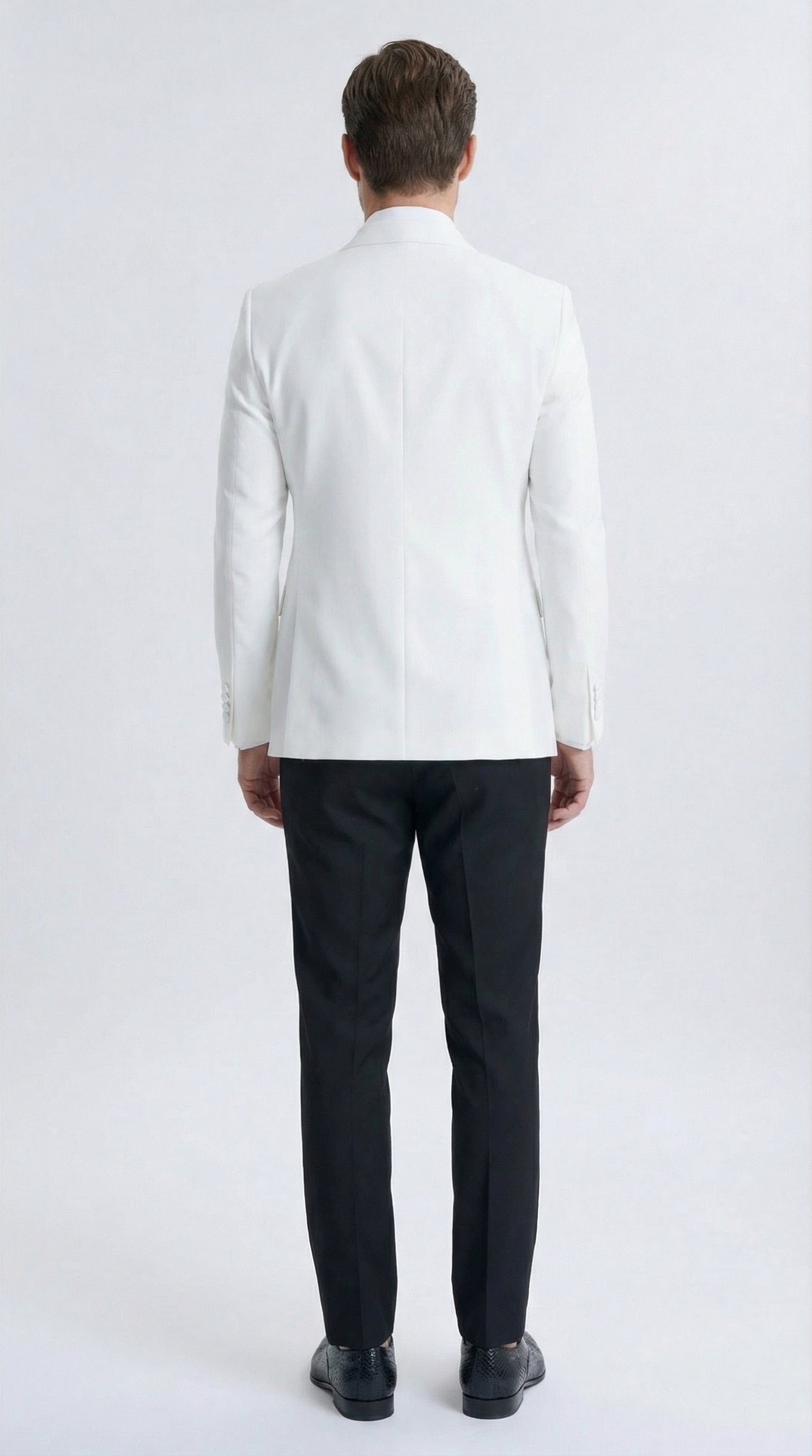Mens White Double Breasted Dinner Jacket Blazer with Black Pants Formal Tuxedo Style Outfit for Weddings