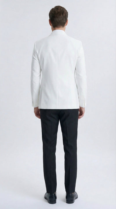 Mens White Double Breasted Dinner Jacket Blazer with Black Pants Formal Tuxedo Style Outfit for Weddings