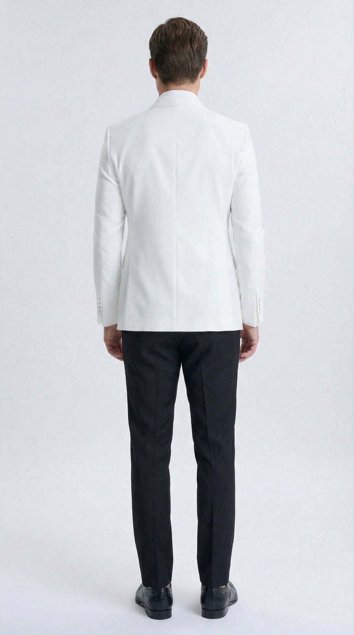 Mens White Double Breasted Dinner Jacket Blazer with Black Pants Formal Tuxedo Style Outfit for Weddings