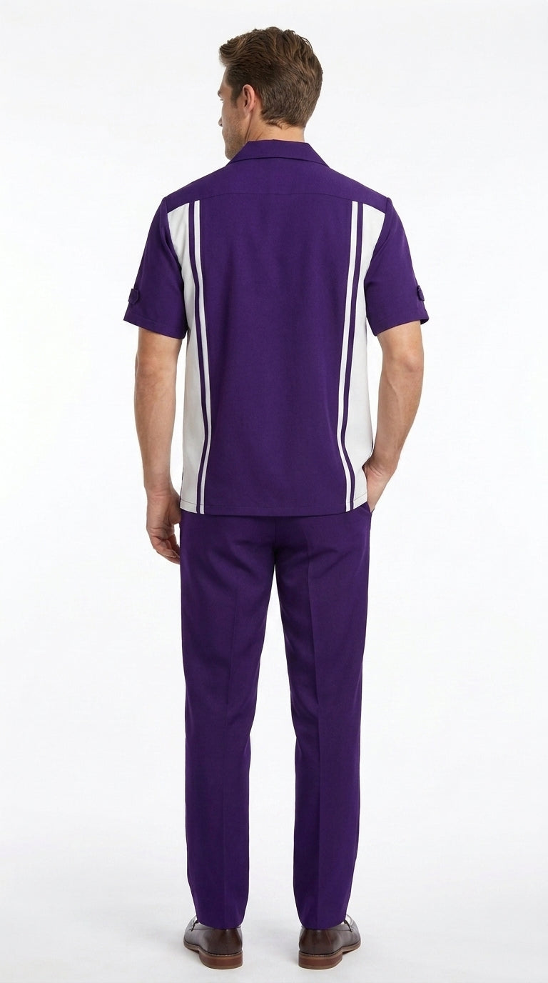 Men’s Purple and White Walking Suit – 2-Piece Short Sleeve Casual Leisure Outfit - Small