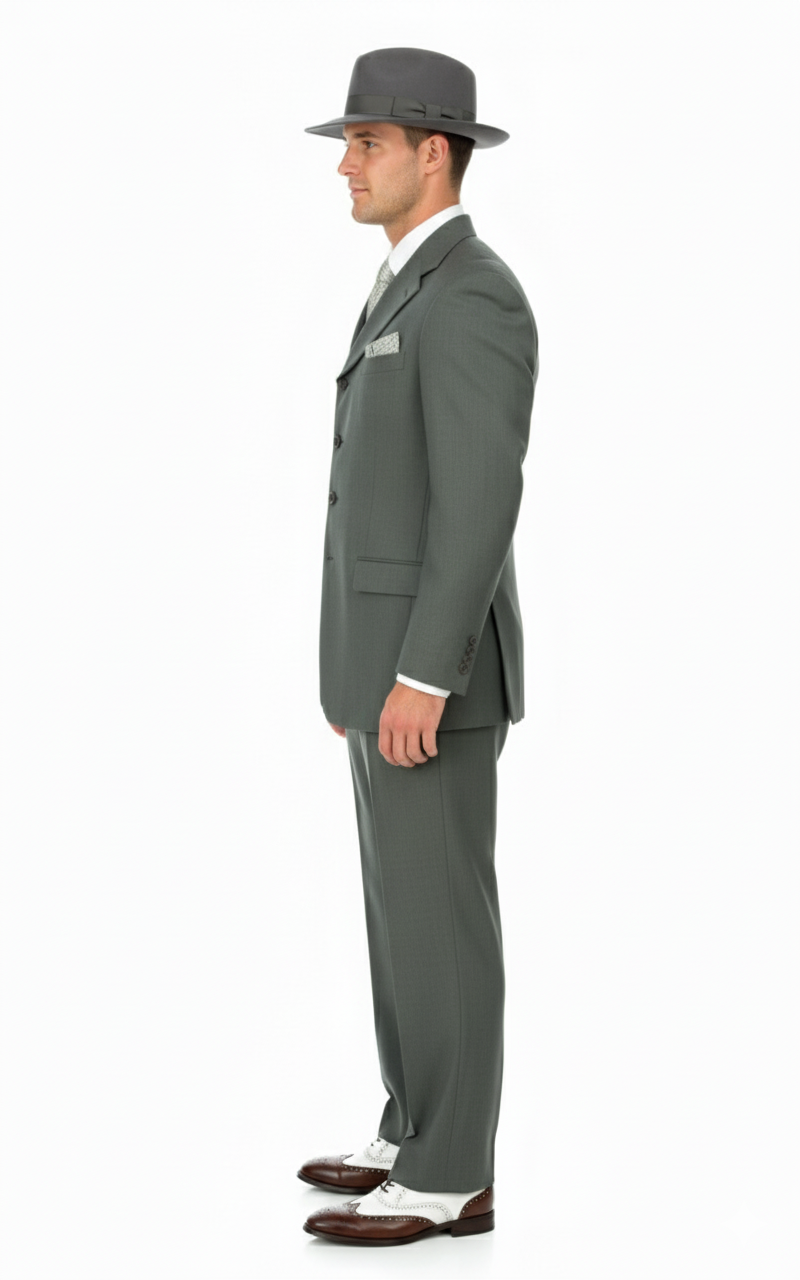 Men’s 1920s Gray Zoot Suit  – 4 Buttons  Gangster Wide Lapel Long Jacket 3-Piece Suit in Grey Color Classic Fit Pleated Pants - 34 Short or Extra Small