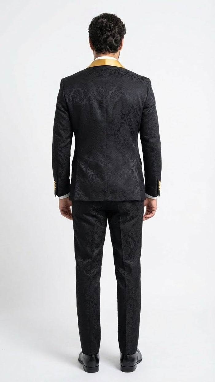 Mens Black and Gold Jacquard Tuxedo Suit Luxury Slim Fit Formal Wedding, Prom, and Gala Outfit