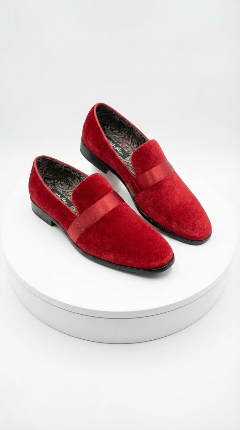 Mens Red Velvet Loafers – Luxury Formal Slip On Dress Shoes Wedding Party Prom Evening Shoes - 6