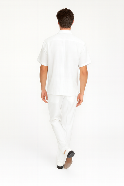 Mens White Embroidered Guayabera Two-Piece Set Short Sleeve Shirt and Pants