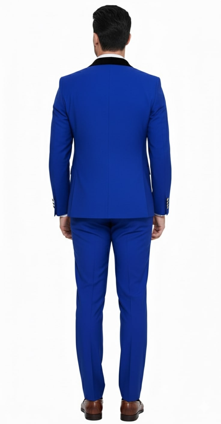 Mens Royal Blue Double-Breasted Tuxedo Suit – Modern Slim Fit Formal Wedding and Prom Outfit with Black Satin Lapel - 34 Short or Extra Small