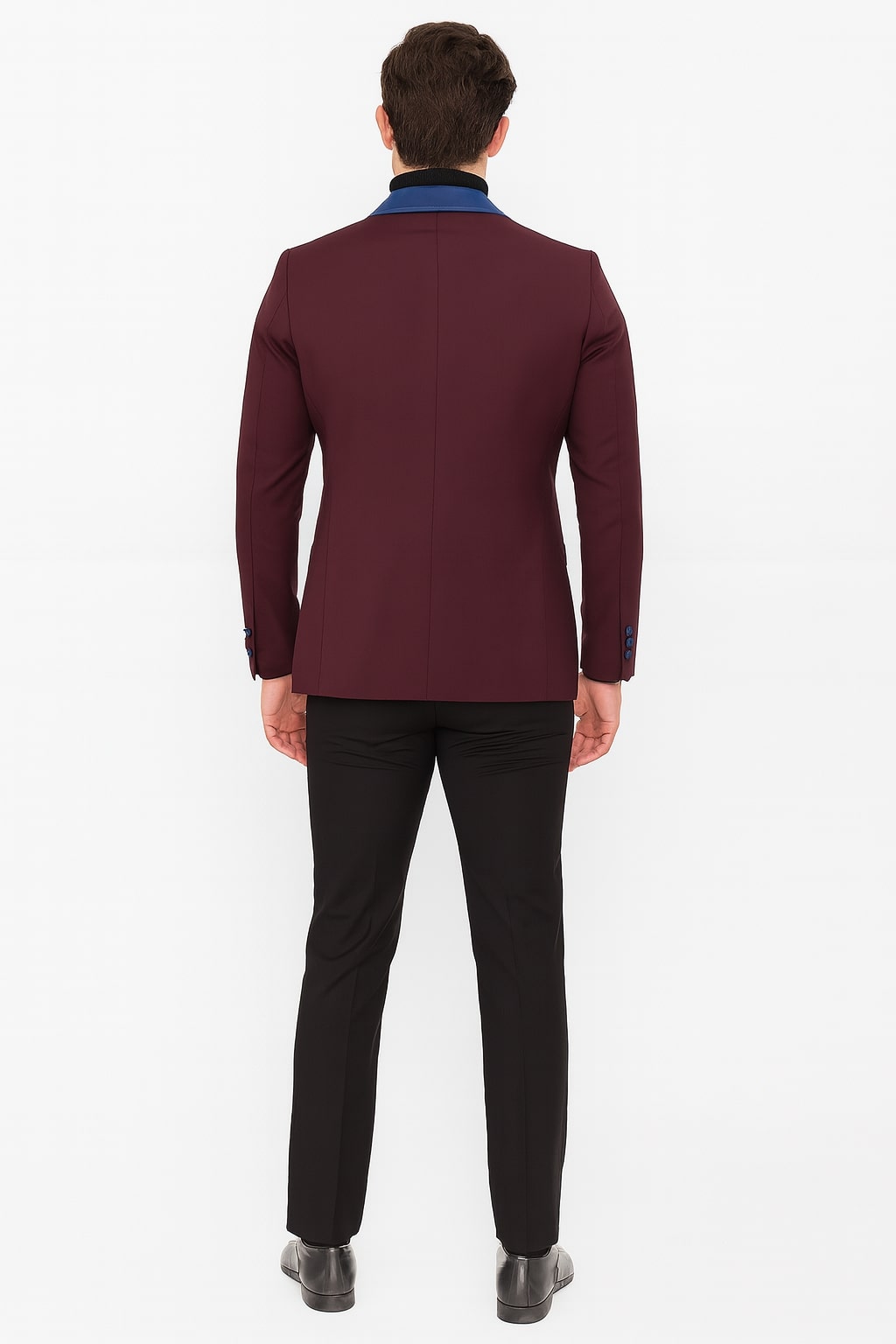 Mens Burgundy Tuxedo Dinner Jacket Blazer with Blue Satin Shawl Lapel  Wedding and Party Jacket - 34 Short or Extra Small