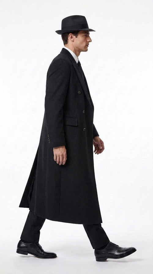 Men’s Godfather Black Double-Breasted Long Overcoat – Vintage Mobster Gangster Coat