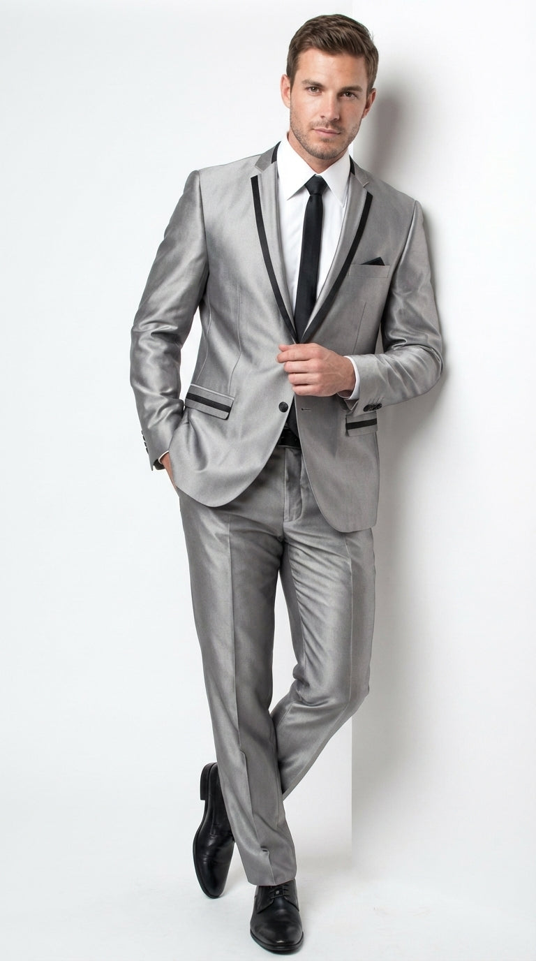 Men’s Silver Sharkskin Tuxedo Suit with Black Piping – Shiny Two Button Formal Suit for Wedding, Prom and Party Wear - 34 Short or Extra Small
