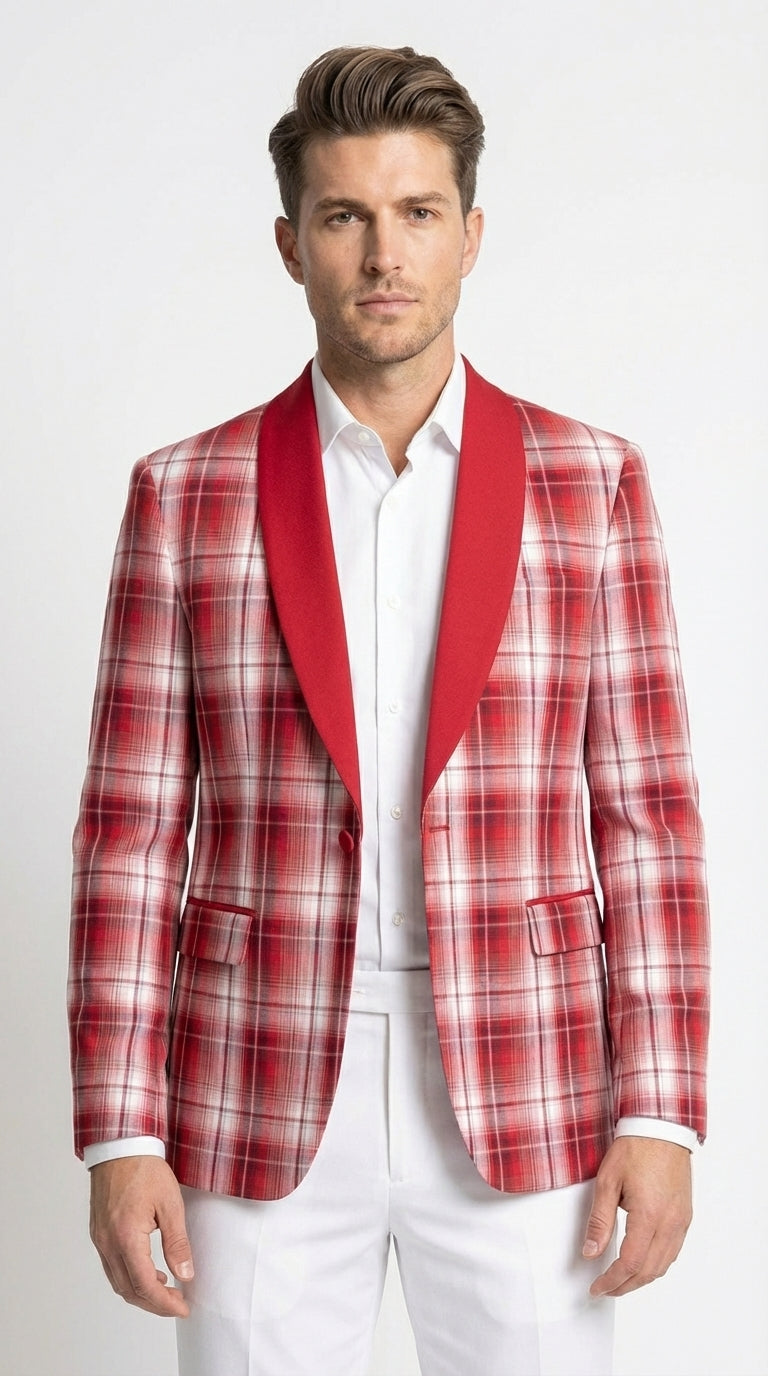 Mens Tartan Red and White Plaid Blazer – Check Pattern Sport Coat Red Shawl Lapel Party Christmas Holiday New Year - 36 Short