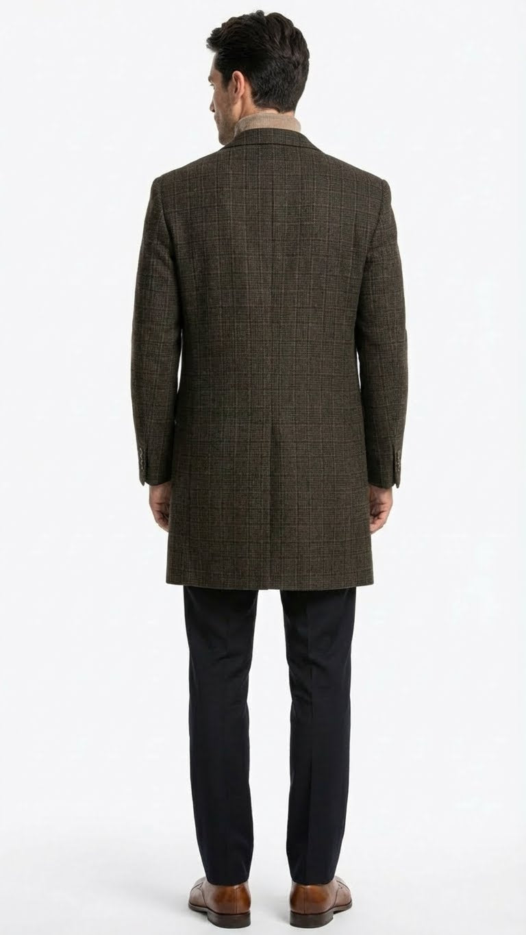 Men’s Brown Checkered Wool Overcoat – Long Winter Coat with Classic Plaid Pattern By Statement - Coat Size 38