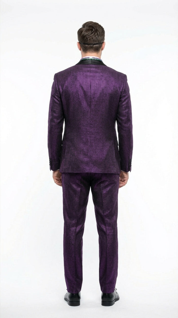 Mens Purple Shimmer Mardi Gras Suit with Black Satin Lapel Shiny Metallic Formal Party and Carnival Suit Sequin Look