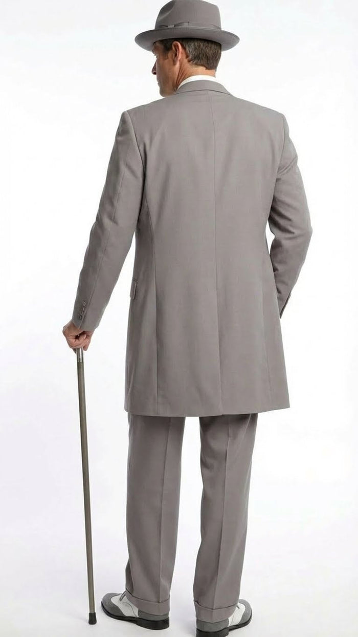 Mens Gray Zoot Suit with Matching Hat and 1920s Shoes | Grey Vintage Wedding and Party Three Piece Suit