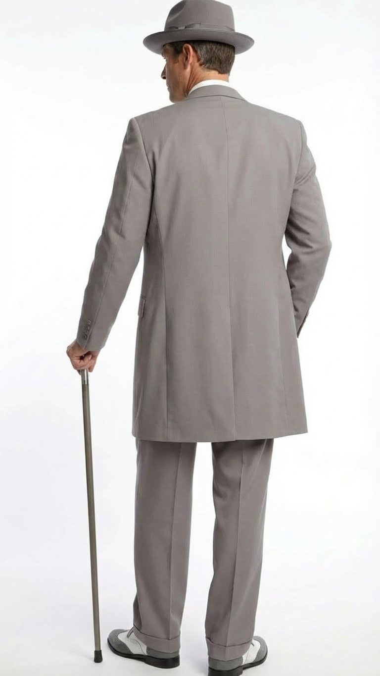 Men’s Gray Zoot Suit with Matching Hat and 1920s Shoes | Grey Vintage Wedding and Party Three Piece Suit - Gray