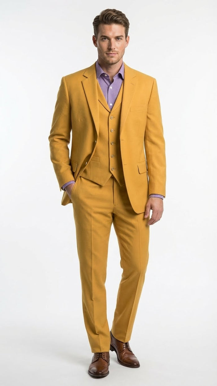 Mens Mustard Yellow Three Piece Suit | 2 Button Notch Lapel Modern Fit in Gold Color - Church Suit