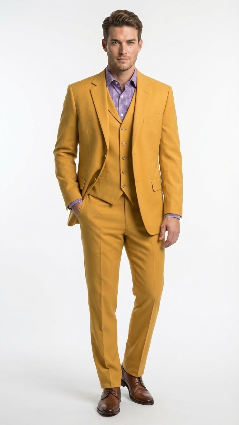 Men’s Mustard Yellow Three Piece Suit | 2 Button Notch Lapel Modern Fit in Gold Color - Church Suit - 34 Short or Extra Small