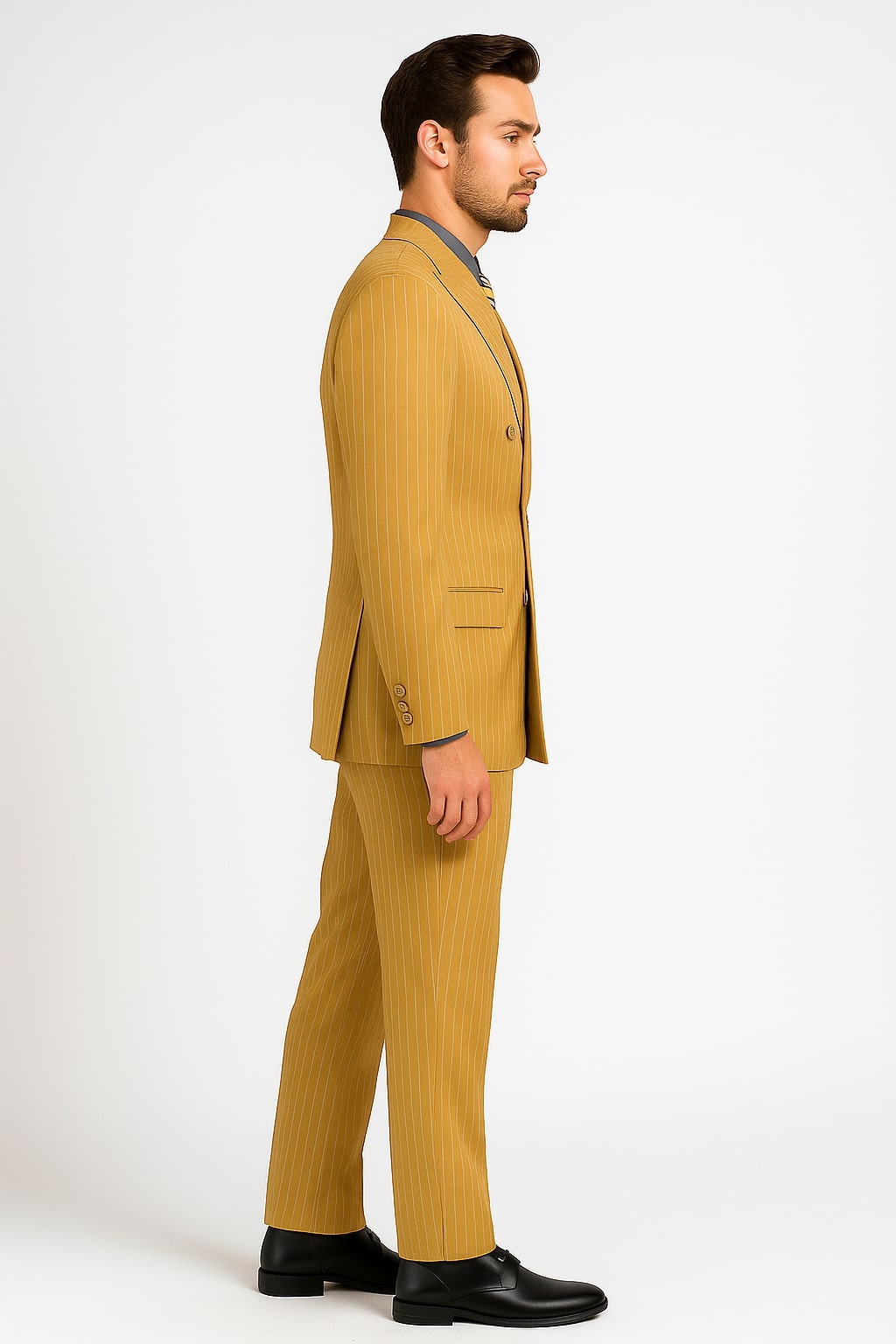 Mens Camel Tan Pinstripe Double-Breasted Suit – Bold 6-Button Modern Vintage Style - 34 Short or Extra Small