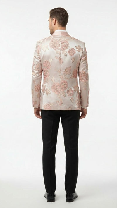 Mens Pink Blush Floral Jacquard Blazer with Embellished Shawl Lapel - Luxury Party and Wedding Wear Jacket