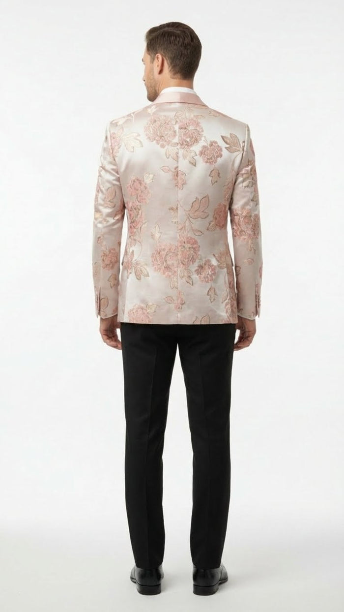 Mens Pink Blush Floral Jacquard Blazer with Embellished Shawl Lapel - Luxury Party and Wedding Wear Jacket