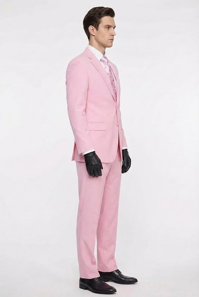 Mens Pink Two-Piece Suit Classic Fit Formal Jacket and Tailored Pants