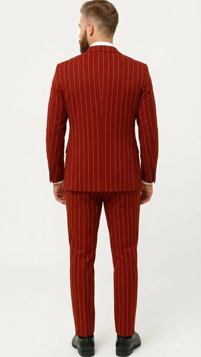 Mens Red Pinstripe Suit Stripe Two-Button Vested Suit 2 Buttons