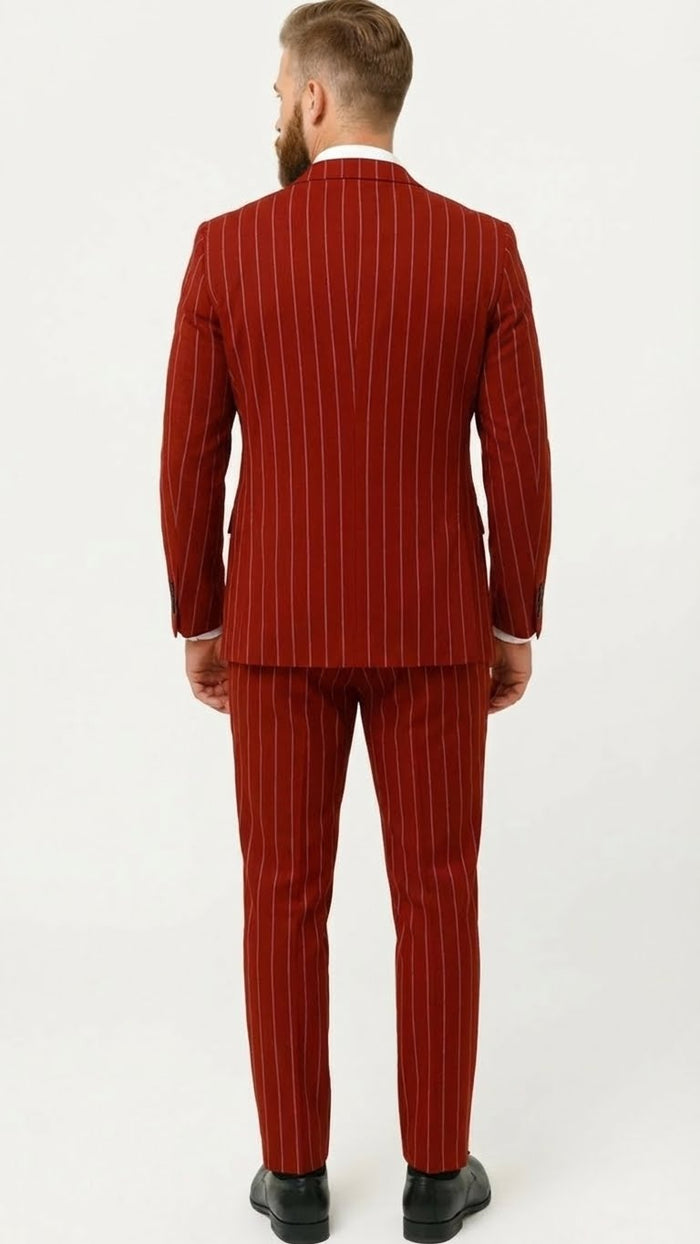 Mens Red Pinstripe Suit Stripe Two-Button Vested Suit 2 Buttons