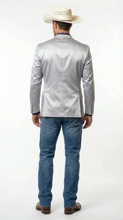 Mens Shiny Silver Cowboy Blazer Western Style Satin Finish Blazer for Party, Country Events and Evening Wear