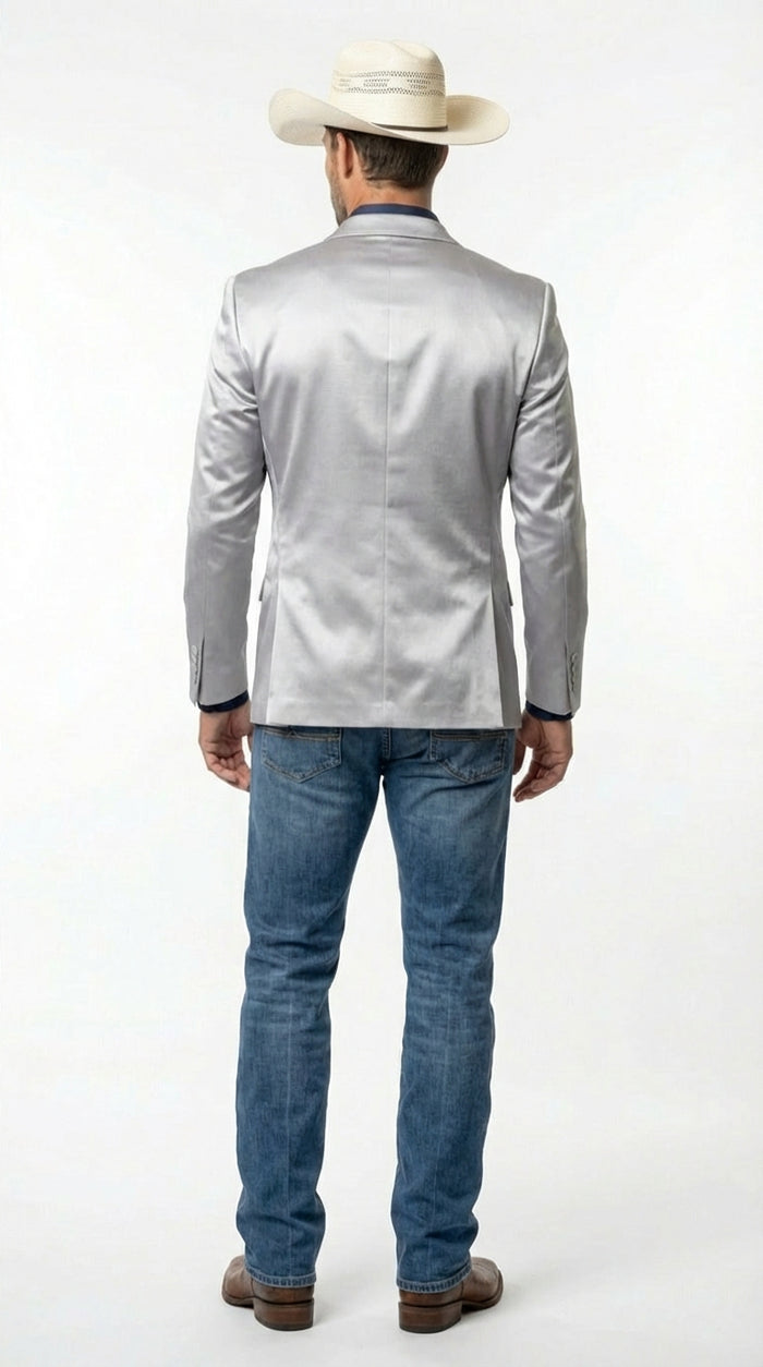 Mens Shiny Silver Cowboy Blazer Western Style Satin Finish Blazer for Party, Country Events and Evening Wear