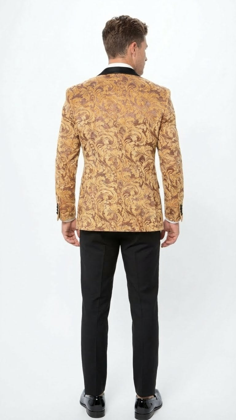 Menâ€™s Yellow Gold Baroque Pattern Tuxedo Blazer Suit â€“ Party and Wedding Jacket Prom Paisley Black Pants - 36 Short
