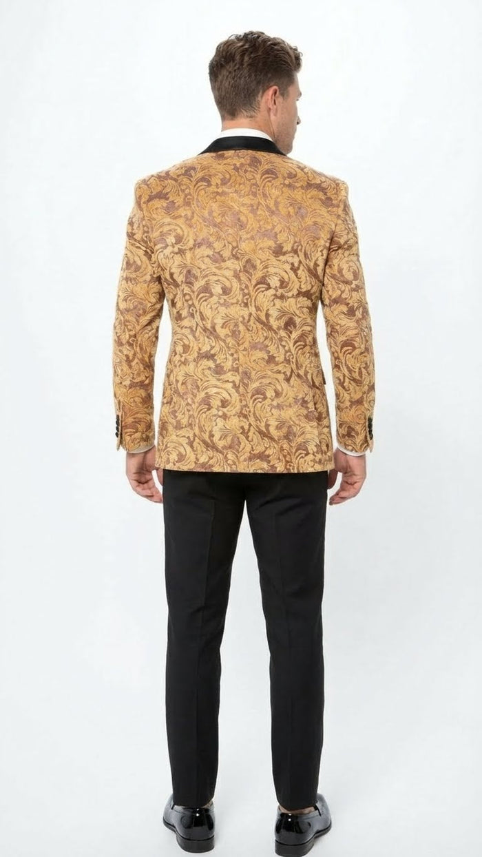 Mens Yellow Gold Baroque Pattern Tuxedo Blazer Suit Party and Wedding Jacket Prom Paisley Black Pants