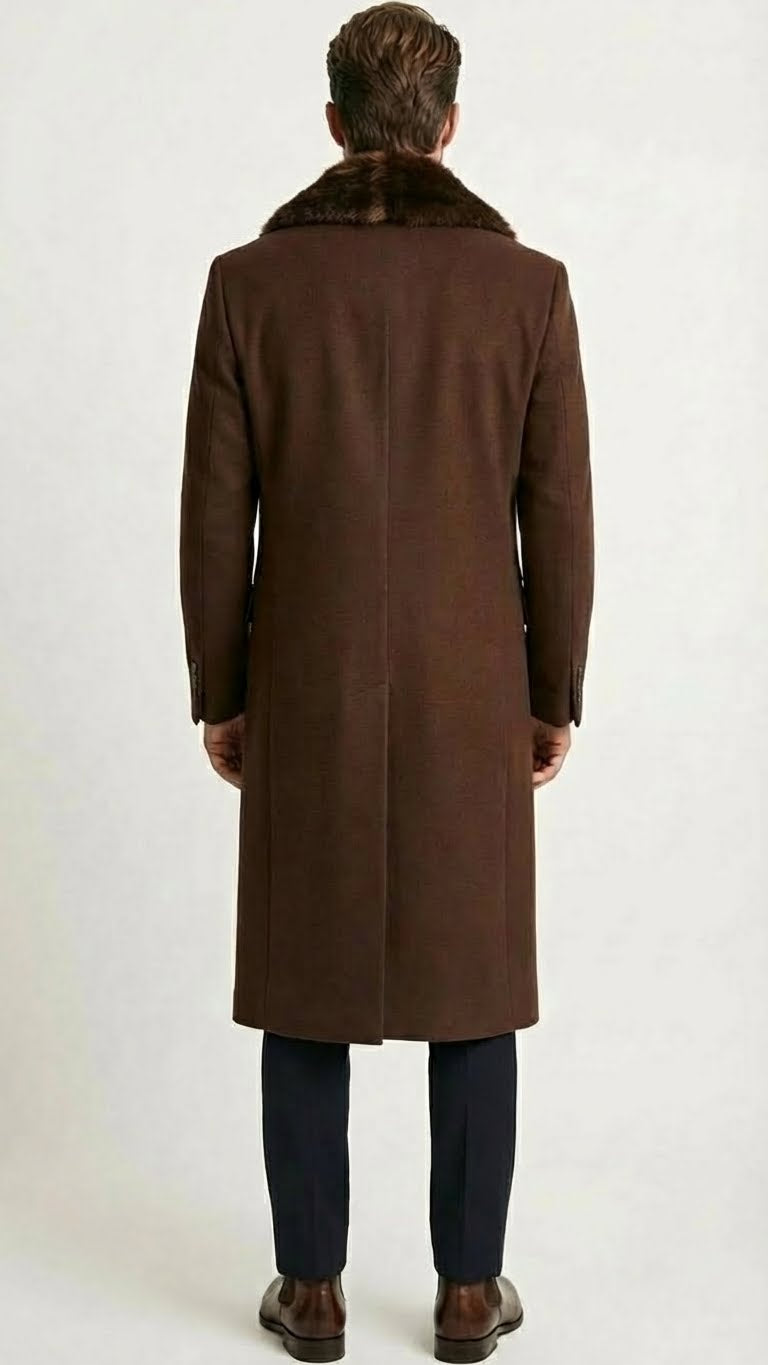 Men’s Brown Long Overcoat with Faux Fur Collar – Classic Winter Formal Coat Three Quarter Carcoat Wool and Cashmere Fabric - Coat Size 38