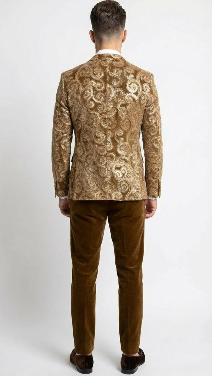 Mens Goldish Light brown Tuxedo dinner Jacket Embroidered Blazer Velvet Jacket for Formal Paisley Pattern Coffee Mocca Color