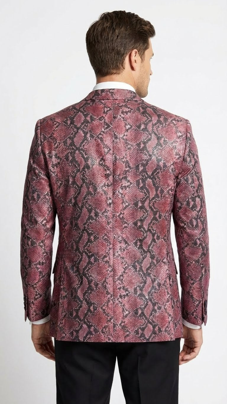 Menâ€™s Burgundy and Black Snakeskin Print Blazer â€“ Alligator Crocodile Sport Jacket Exotic Skin - 36 Short