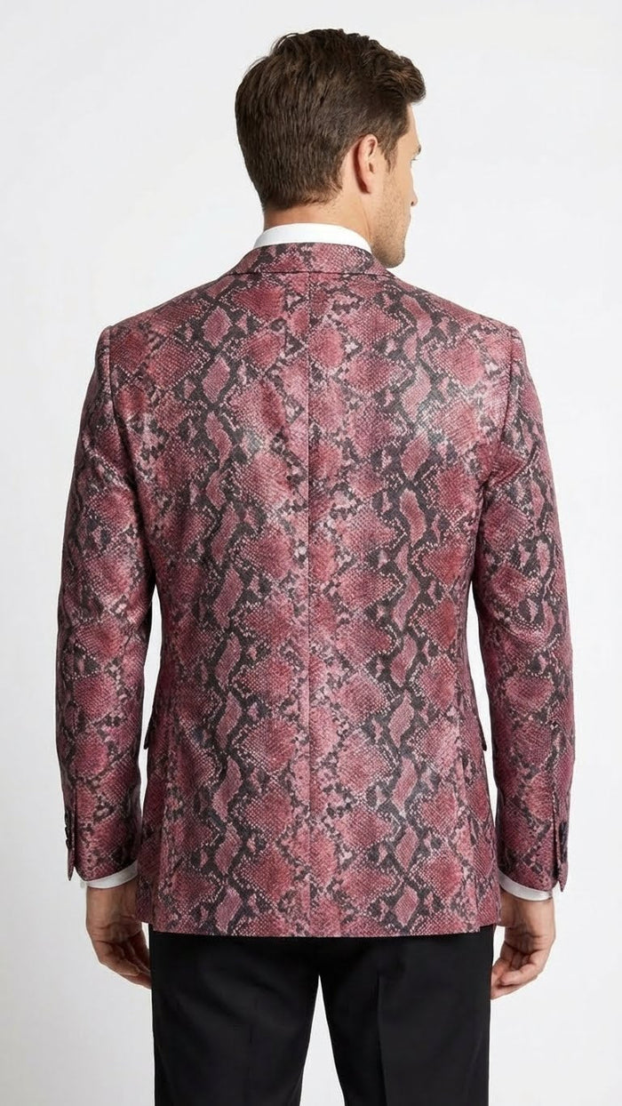 Mens Burgundy and Black Snakeskin Print Blazer Alligator Crocodile Sport Jacket Exotic Skin