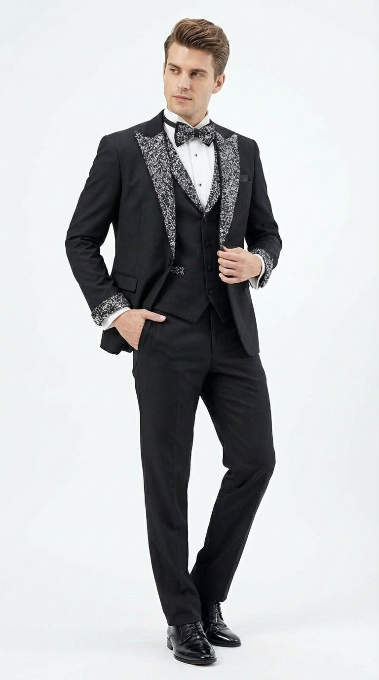 Mens Black and White Lapel Tuxedo Suit – Black Formal Tuxedo with White Pattern Lapel for Wedding, Prom and Evening Events - 34 Short or Extra Small