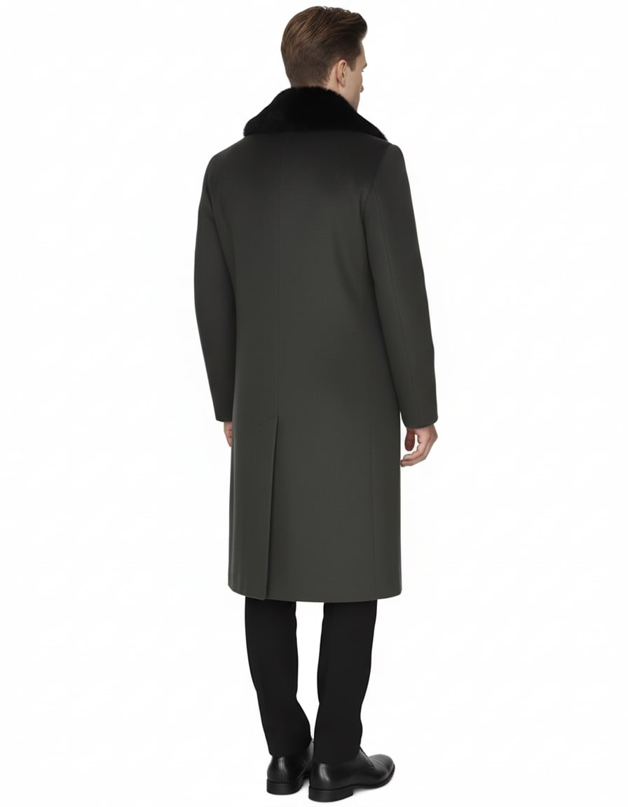 Mens Full Length Olive Overcoat with Black Fur Collar – Luxury Wool Fabric Winter Long Coat in Hunter Green - Coat Size 38
