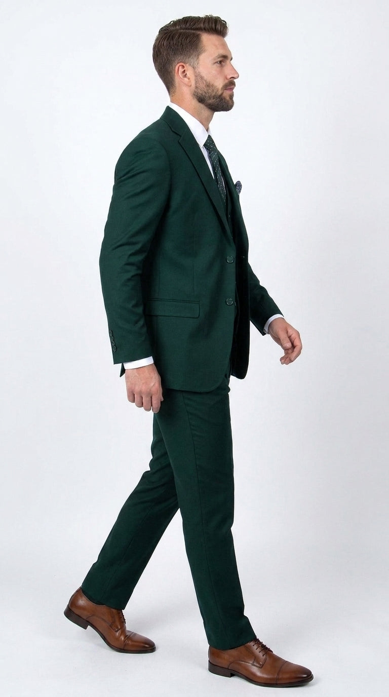 Men’s Stacey Adams Designer Hunter Green 3 Piece Suit – Two Button Vested Classic Wedding, Prom & Formal Suit