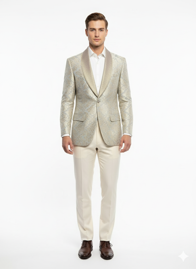 Mens Champaign Silver and Cream Embroidered Luxury Blazer Floral Pattern Wedding & Party Dinner Jacket in Light Tan Color