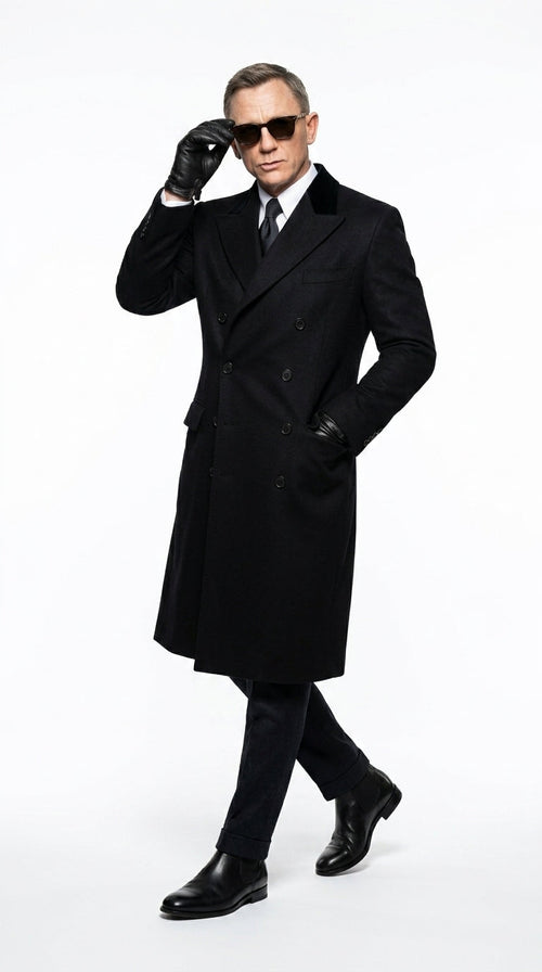Men’s Black Double Breasted Overcoat, James Bond Inspired Long Formal Coat for Weddings, Business Events, Parties, and Winter Occasions