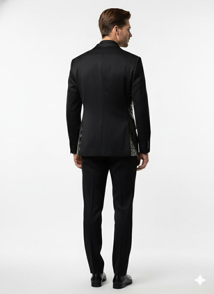 Mens Black and White and Silver Sequin Embroidered Blazer Luxury Designer Party Wear with Geometric Detailing
