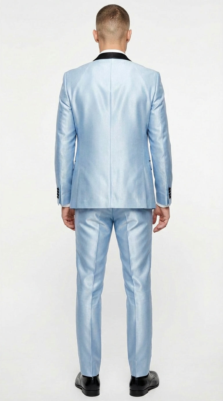 Mens Light Blue Shiny 3 Piece Suit with Black Shawl Lapel | Formal Wedding Prom Suit - Sateen Sharskin Suit